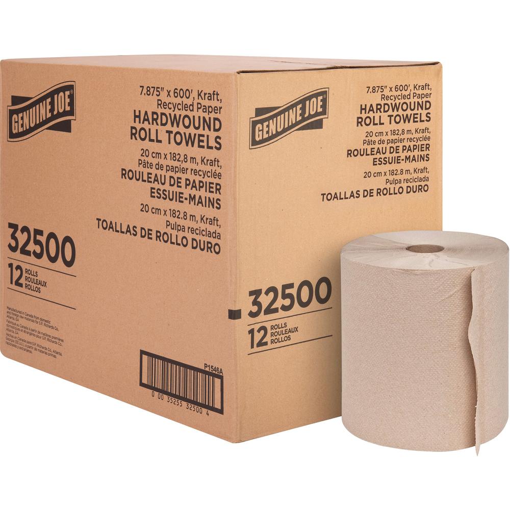 Genuine Joe Embossed Hardwound Roll Towels - 7.88" x 600 ft - 2" Core - Brown - 12 / Carton. Picture 1
