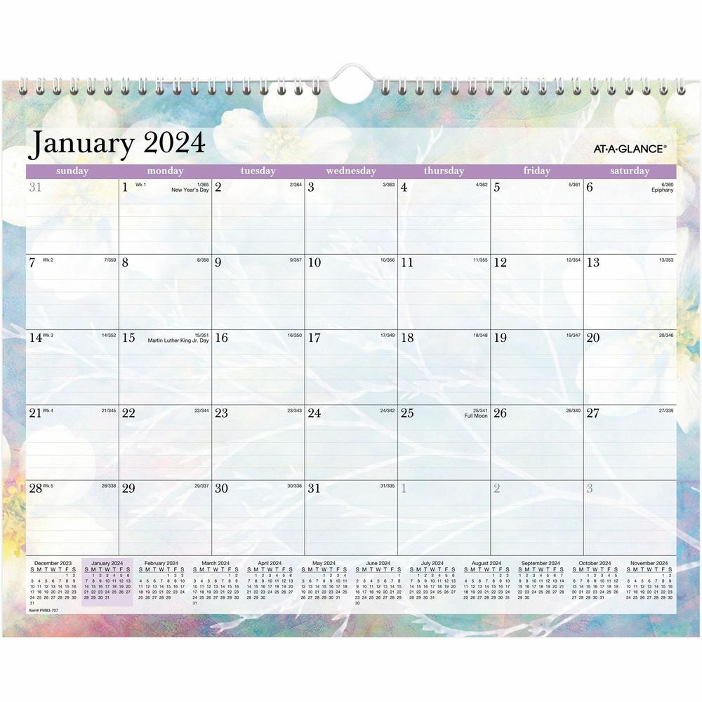 At-A-Glance Dreams Wall Calendar - Medium Size - Julian Dates - Monthly - 12 Month - January 2024 - December 2024 - 1 Month Single Page Layout - 15" x 12" White Sheet - Wire Bound - Blue, White, Purpl. Picture 1