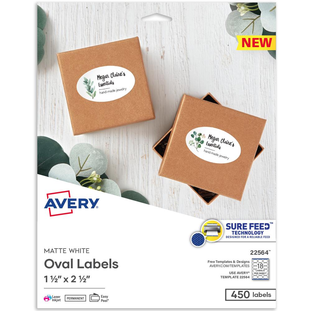 Avery&reg; Matte White Sure Feed Labels - 1 1/2" Height x 2 1/2" Width - Permanent Adhesive - Oval - Laser, Inkjet - White - Paper - 18 / Sheet - 25 Total Sheets - 450 Total Label(s) - 450 / Pack. Picture 1