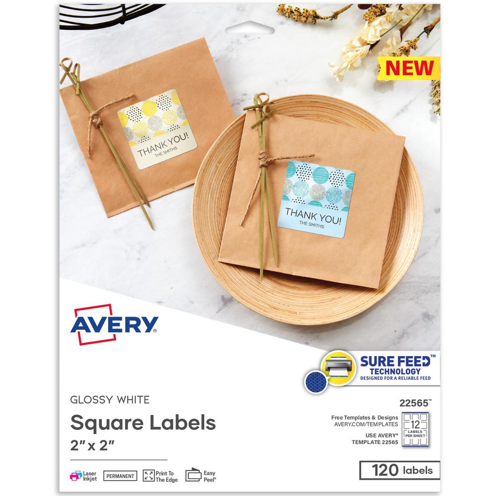 Avery&reg; Printable Square Labels, 22565, 2&rdquo;W x 2&rdquo;D, Glossy White, Pack Of 120 Labels - 2" Width x 2" Length - Permanent Adhesive - Square - Laser, Inkjet - White - Paper - 12 / Sheet - 1. Picture 1