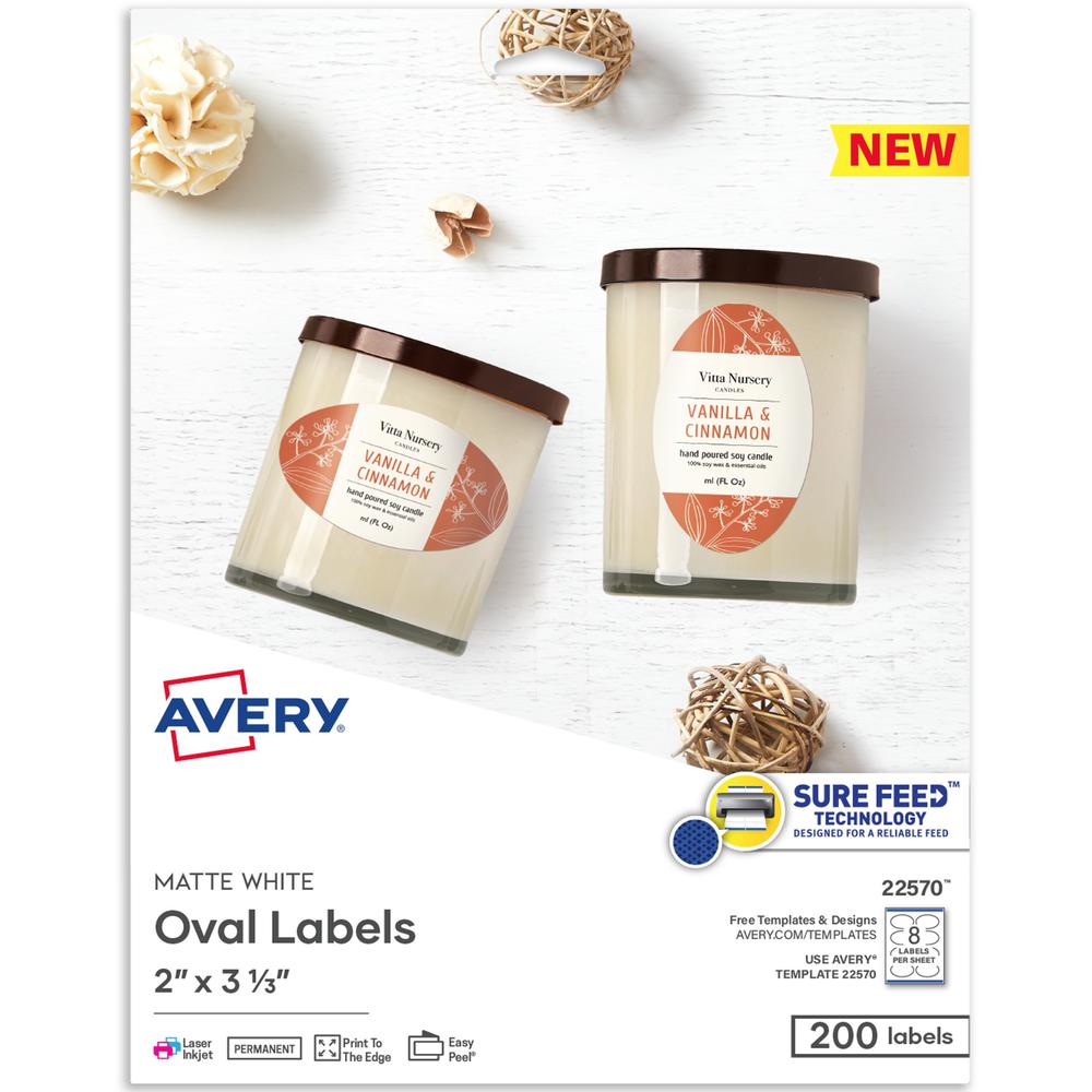 Avery&reg; Matte White Sure Feed Labels - 2" Width x 3 21/64" Length - Permanent Adhesive - Oval - Laser, Inkjet - White - Paper - 8 / Sheet - 25 Total Sheets - 200 Total Label(s) - 200 / Pack. Picture 1