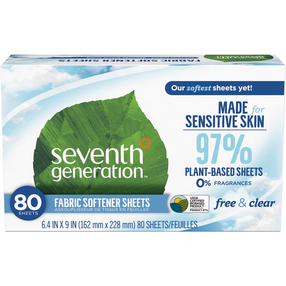 Seventh Generation Free & Clear Fabric Softener Sheets - 9" Length x 6.40" Width - 80 / Box - Bio-based, Hypoallergenic, Fragrance-free, Unscented, Dye-free, Gluten-free, Phosphate-free - White. Picture 1