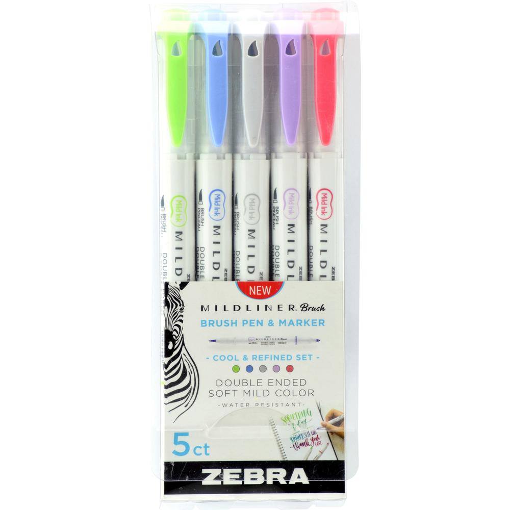 Zebra Pen Mildliner Brush Double-ended Creative Marker Cool and Refined Pack - Fine Marker Point - Brush Marker Point Style - Green Pigment-based, Dark Blue, Gray, Violet, Red Ink - 5 / Pack. Picture 1