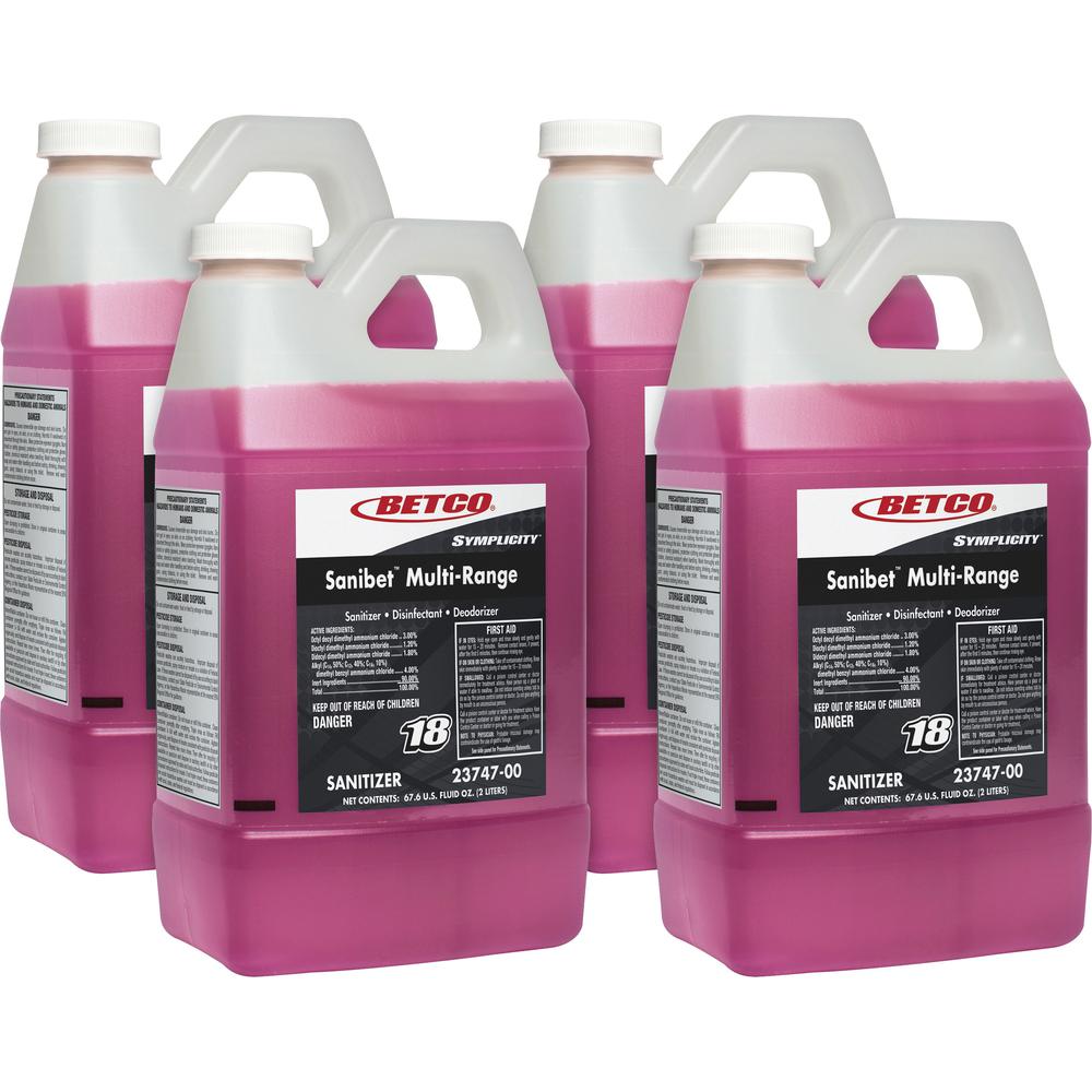 Betco Symplicity Sanibet Multi-Range Sanitizer - FASTDRAW 18 - Concentrate - 67.6 fl oz (2.1 quart) - 4 / Carton - Rinse-free, Versatile, Disinfectant - Pink. Picture 1