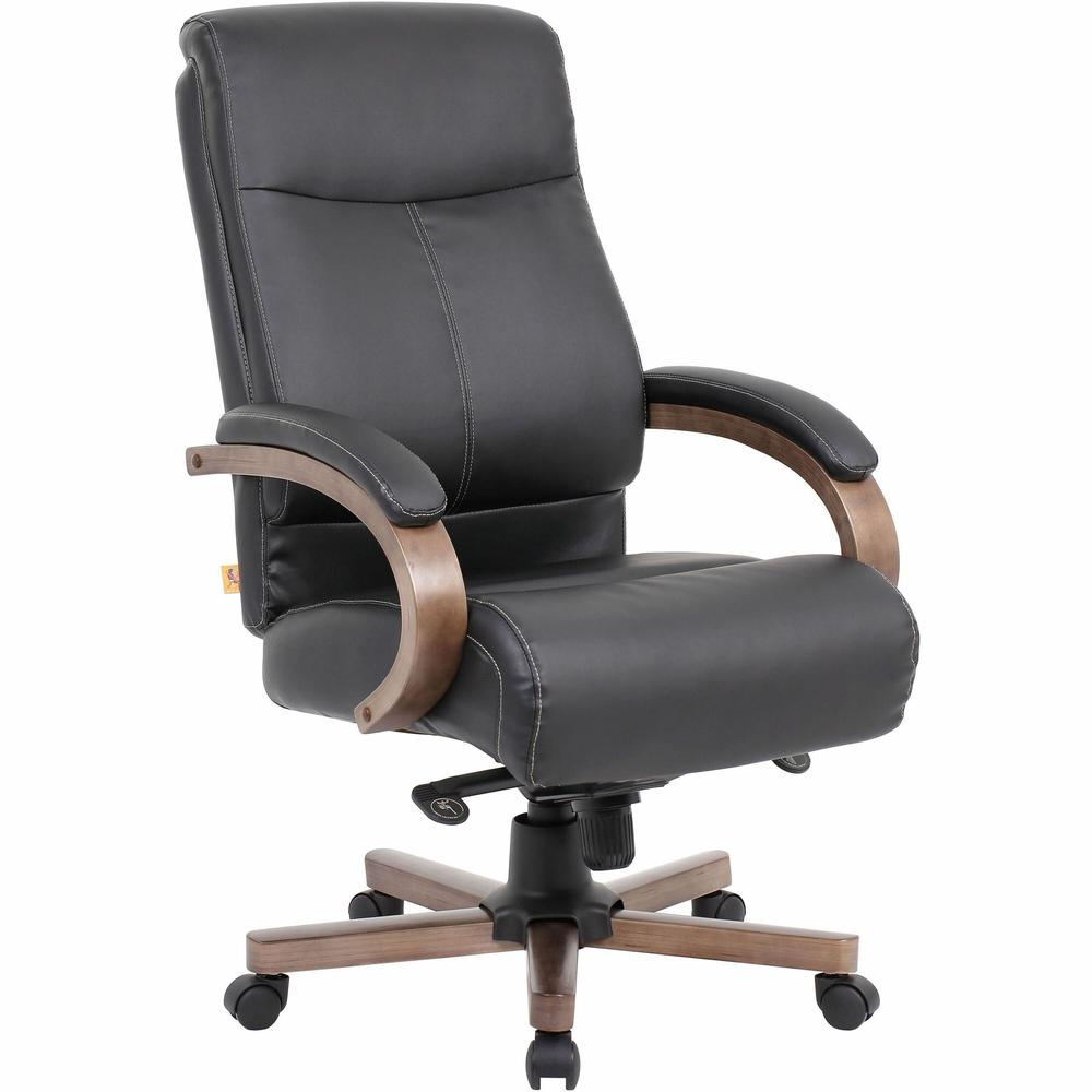 Lorell Wood Base Leather High-back Executive Chair - Black Leather Seat - Black Leather Back - High Back - Armrest - 1 Each. Picture 1