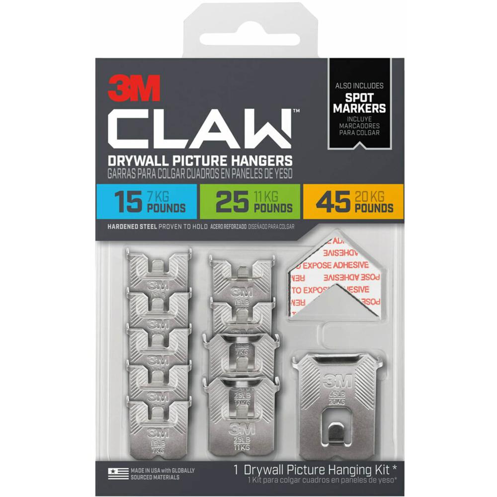 3M CLAW Drywall Picture Hanger - 45 lb (20.41 kg), 25 lb (11.34 kg), 15 lb (6.80 kg) Capacity - 2" Length - for Pictures, Project, Mirror, Frame, Home, Decoration - Steel - Gray - 10 / Pack. Picture 1