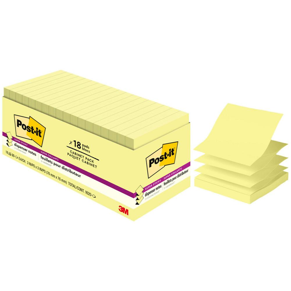 Post-it&reg; Super Sticky Dispenser Notes - Canary Yellow - 3" x 3" - Square - Canary Yellow - Paper - Pop-up, Recyclable, Adhesive - 18 / Pack. Picture 1
