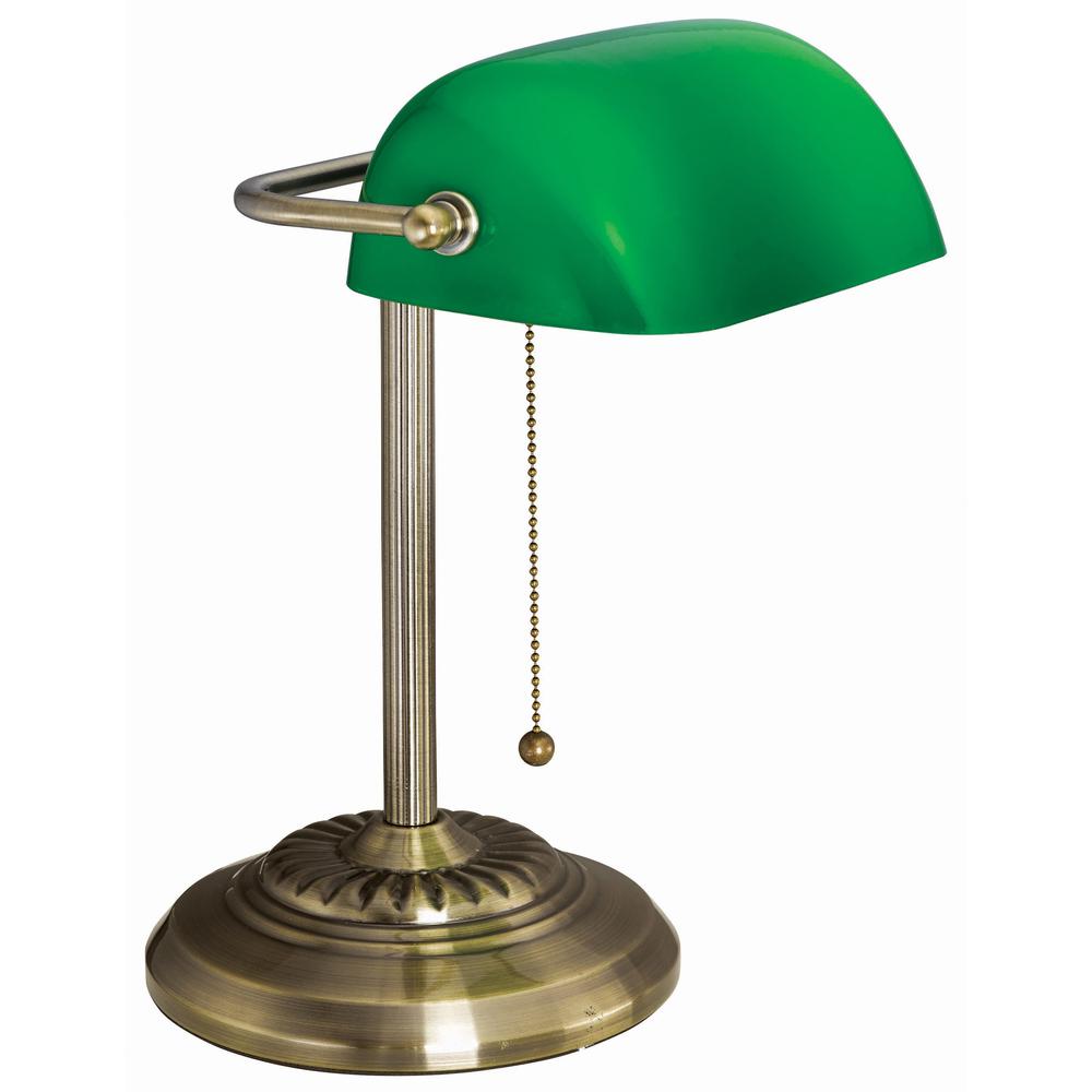 Victory Light Banker's Brass Desk Lamp - 12.5" Height - 10 W LED Bulb - Hanging Chain, Durable - Metal - Desk Mountable - Brass, Green - for Desk, Bank, Office, Reception. Picture 1