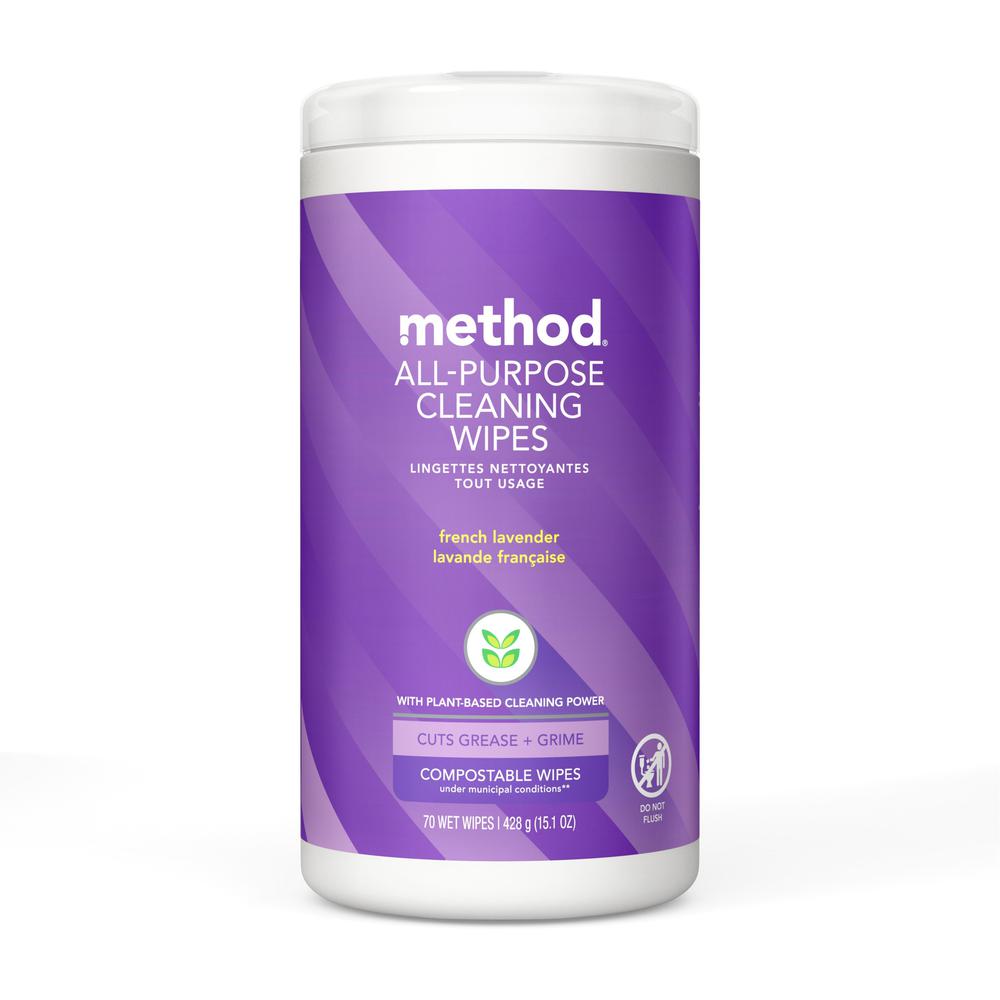 Method All-purpose Cleaning Wipes - French Lavender Scent - 70 / Tub - 1 Each - Pleasant Scent - Purple. Picture 1