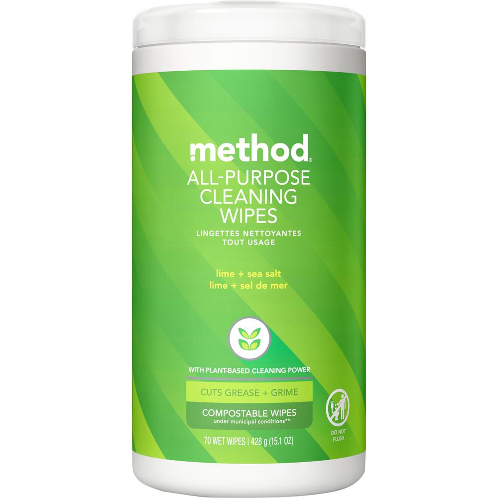 Method All-purpose Cleaning Wipes - Lime + Seasalt Scent - 70 / Tub - 1 Each - Pleasant Scent - Green. Picture 1