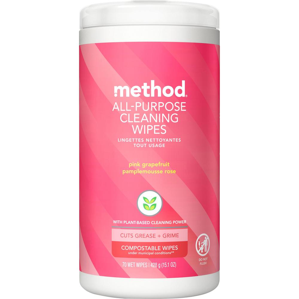 Method All-purpose Cleaning Wipes - Pink Grapefruit Scent - 70 / Tub - 1 Each - Pleasant Scent - Pink. Picture 1