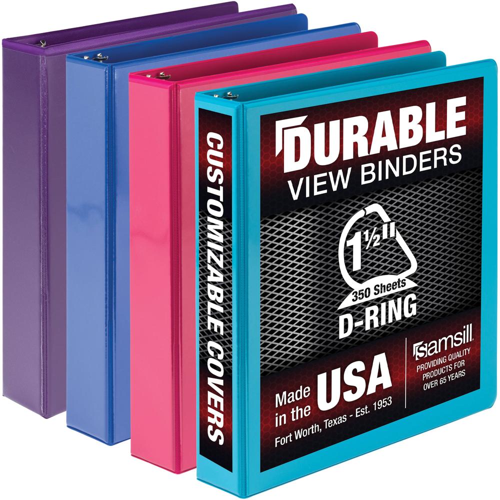 Samsill Durable View Binders - 1 1/2" Binder Capacity - 350 Sheet Capacity - D-Ring Fastener(s) - Chipboard, Polypropylene - Assorted - Recycled - Clear Overlay, Durable, Non-glare, PVC-free, Non-stic. Picture 1