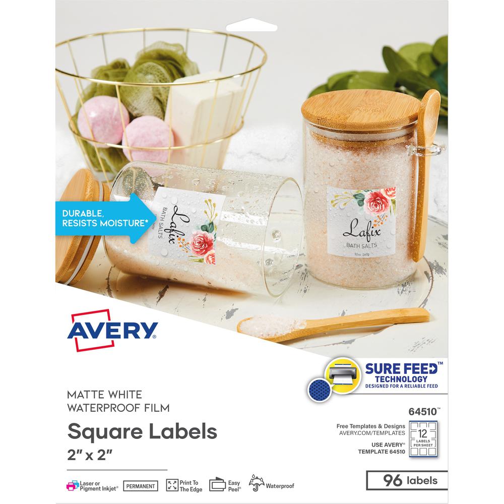 Avery&reg; Durable Waterproof Labels, 2" x 2" Square, 96 Total - Waterproof - 2" Width x 2" Length - Permanent Adhesive - Square - White - Film - 12 / Sheet - 8 Total Sheets - 96 Total Label(s) - 8 / . Picture 1