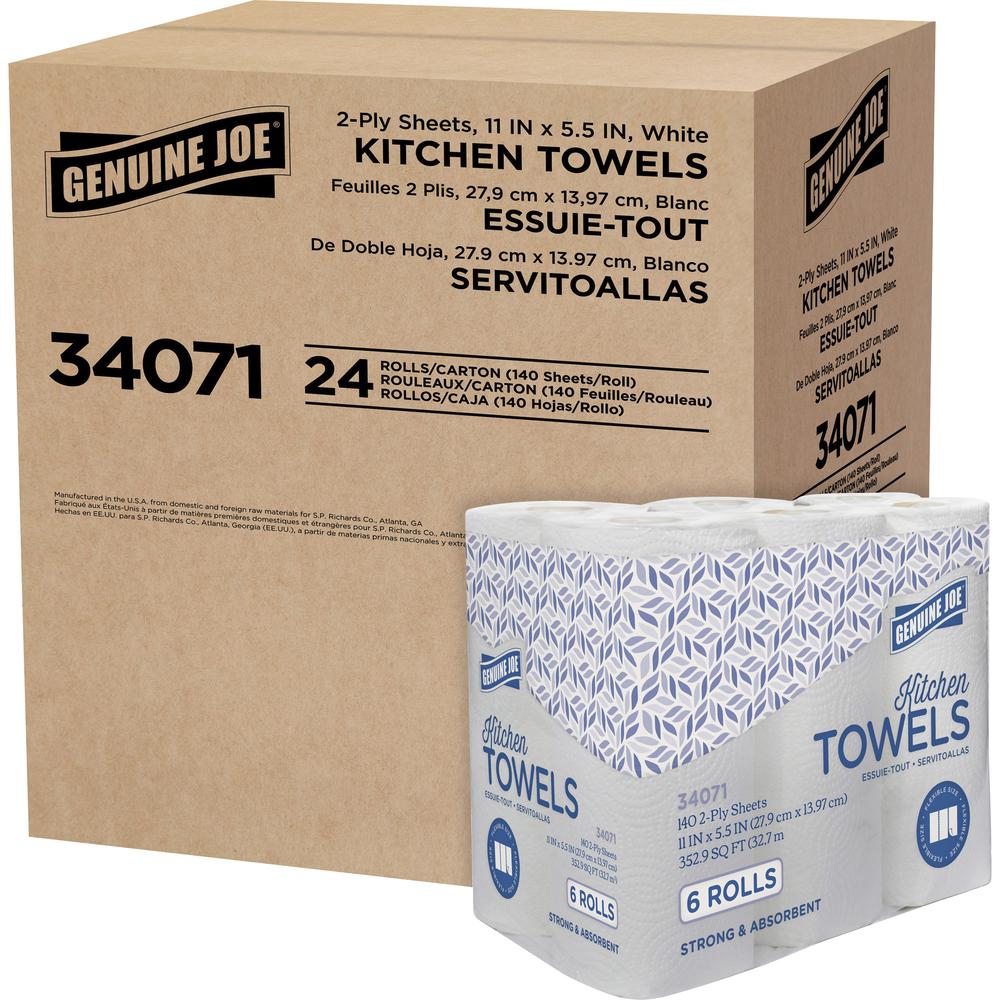 Genuine Joe Kitchen Paper Towels - 2 Ply - 140 Sheets/Roll - White - 6 Rolls Per Container - 4 / Carton. Picture 1