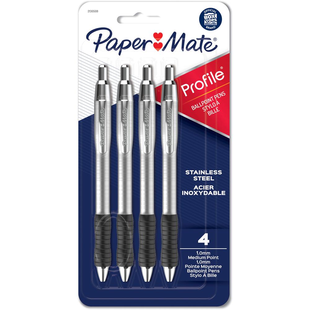 Paper Mate Profile Retractable Ballpoint Pens - 1 mm Pen Point Size - Retractable - Gray - Assorted Stainless Steel Barrel - 4 / Pack. Picture 1