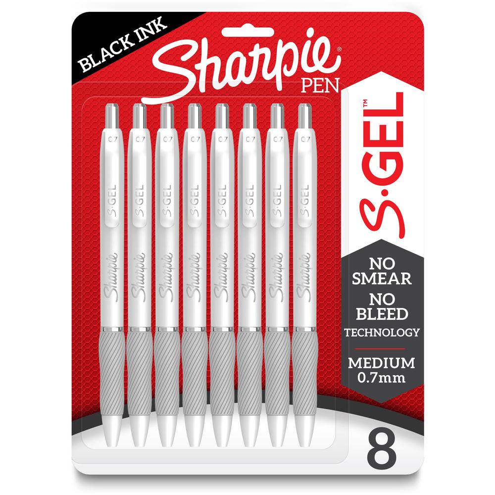 Sharpie S-Gel Pens - Medium Pen Point - 0.7 mm Pen Point Size - Black Gel-based Ink - White Metal Barrel - 8 / Pack. Picture 1