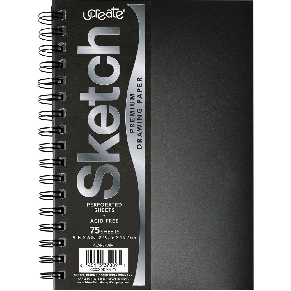 UCreate Poly Cover Sketch Book - 75 Sheets - Spiral - 70 lb Basis Weight - 9" x 6" - BlackPolyurethane Cover - Heavyweight, Acid-free Paper, Durable Cover, Perforated - 1 Each. Picture 1