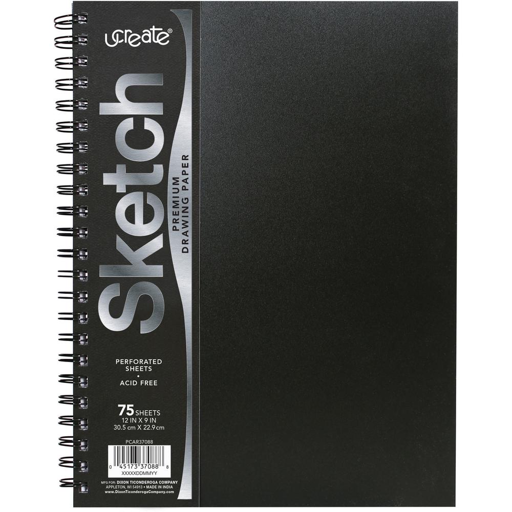 UCreate Poly Cover Sketch Book - 75 Sheets - Spiral - 70 lb Basis Weight - 12" x 9" - 12" x 9" - BlackPolyurethane Cover - Heavyweight, Acid-free Paper, Durable Cover, Perforated - 1 Each. Picture 1