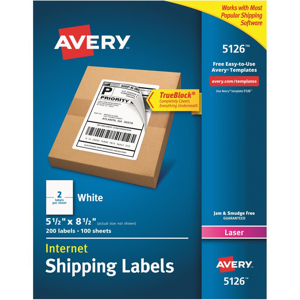 Avery&reg; Internet Shipping Labels, TrueBlock&reg; Technology, Permanent Labels, 5.5" x 8.5" , Laser, 200 Labels (05126) - Avery&reg; Internet Shipping Labels, 5.5" x 8.5" , 200 Total (05126). Picture 1
