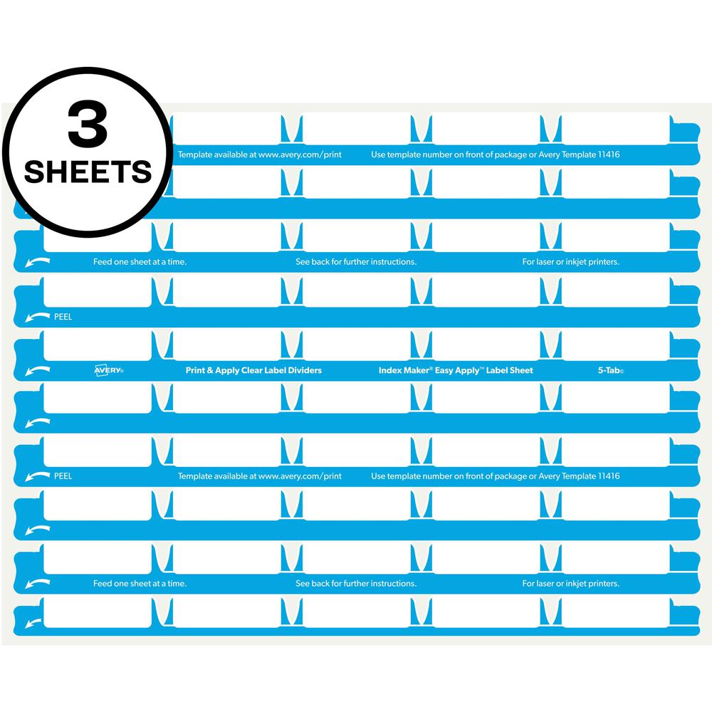 Avery&reg; 5 Tab Easy Print & Apply Clear Label Sheet Refills (11225) - Inkjet, Laser - Clear - 30 / Sheet - 3 Total Sheets - 30 / Pack. Picture 1