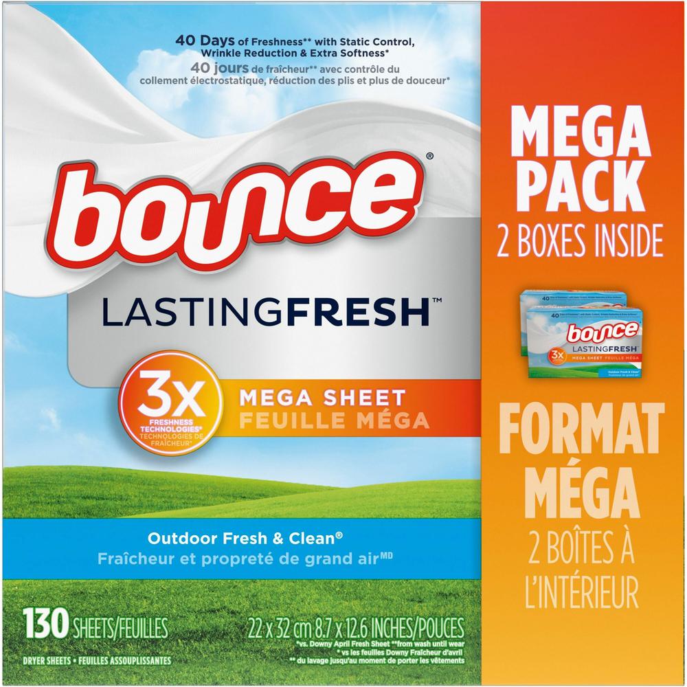 Bounce Mega Dryer Sheets - Sheet - Outdoor Fresh Scent - 130 / Box - White. Picture 1