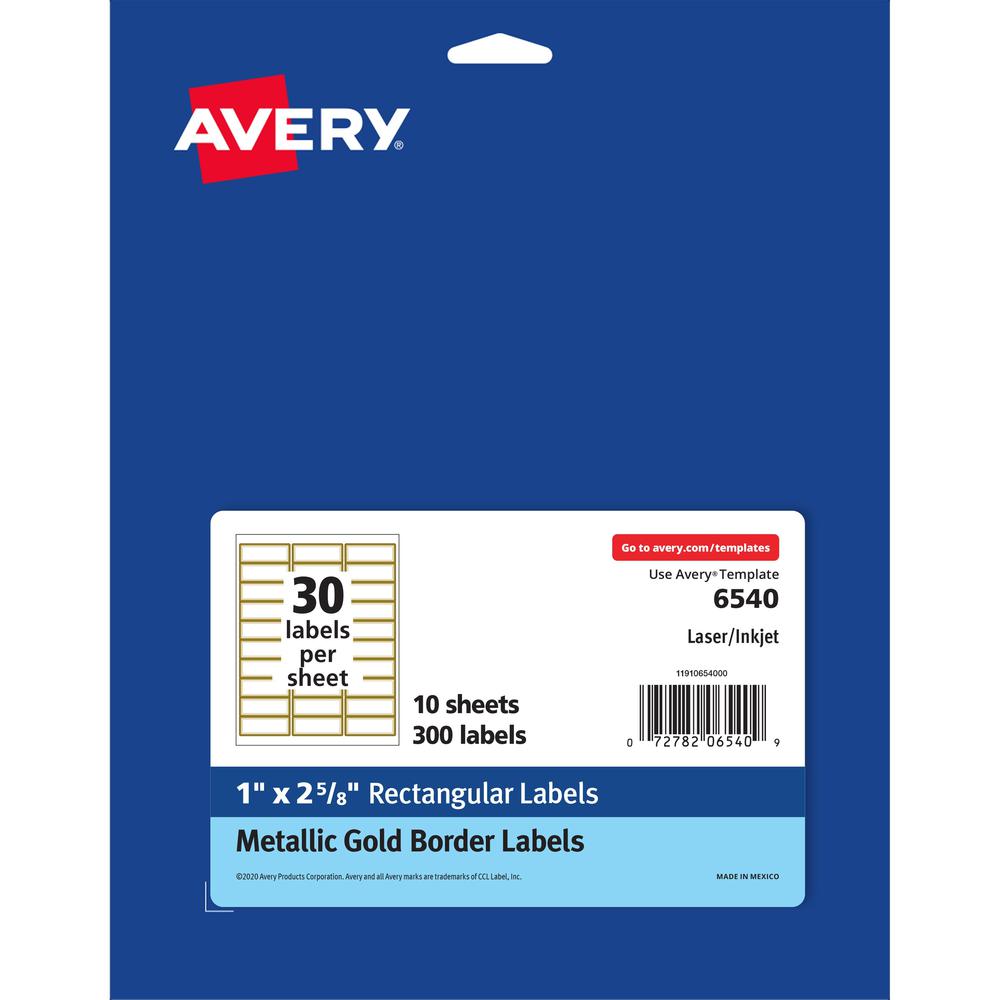 Avery&reg; Permanent Address Labels - 1" Width x 2 5/8" Length - Permanent Adhesive - Rectangle - Inkjet, Laser - Matte White, Metallic Gold - 30 / Sheet - 10 Total Sheets - 300 / Pack - Permanent Adh. Picture 1