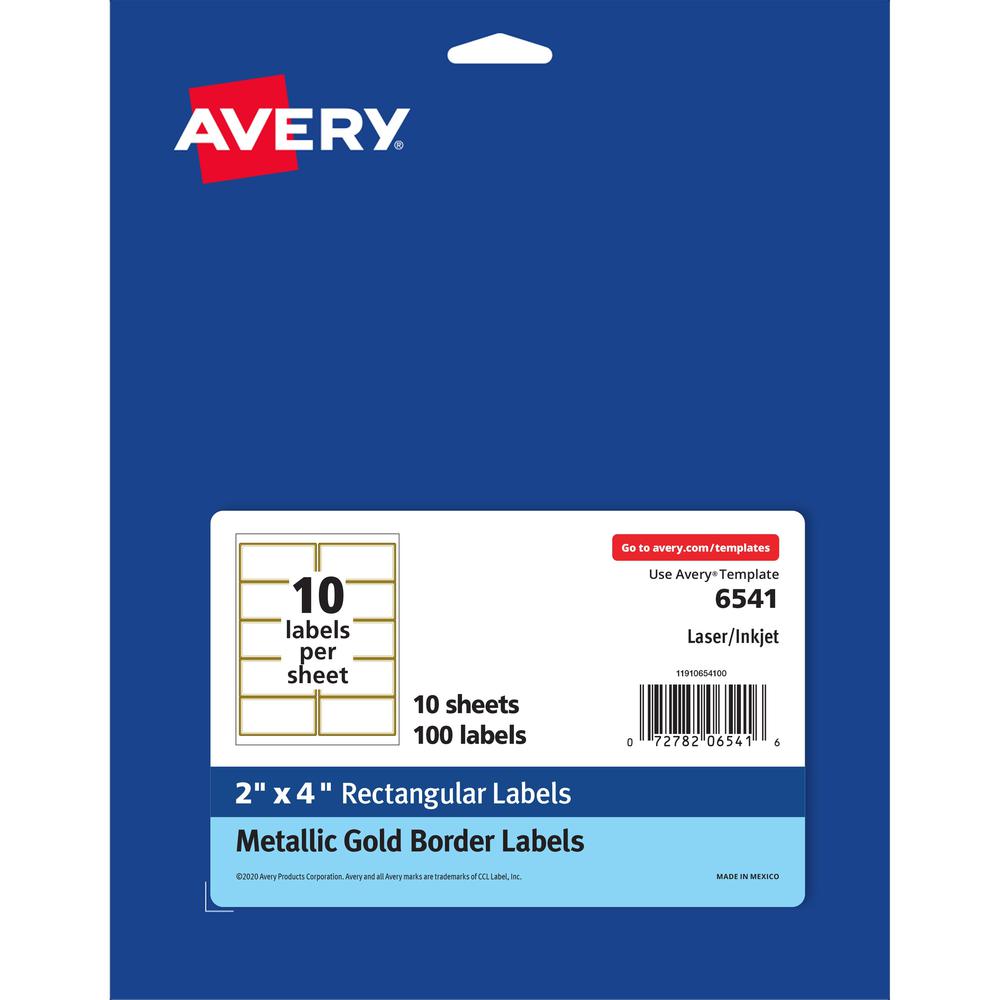 Avery&reg; Labels with Metallic Gold Borders, 2" x 4" , 100 (6541) - 4" Width x 2" Length - Permanent Adhesive - Rectangle - Inkjet, Laser - White - Paper - 10 / Sheet - 10 Total Sheets - 100 Total La. Picture 1