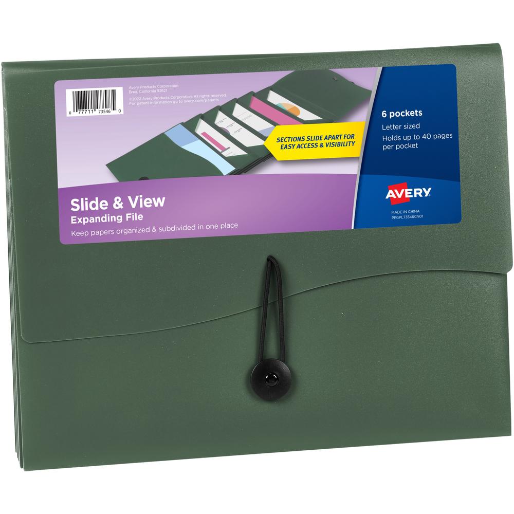 Avery&reg; Slide & View Letter Organizer Folder - 8 1/2" x 11" - 40 Sheet Capacity - 6 Pocket(s) - Plastic, Poly, Polypropylene - Sage - 1 Each. Picture 1