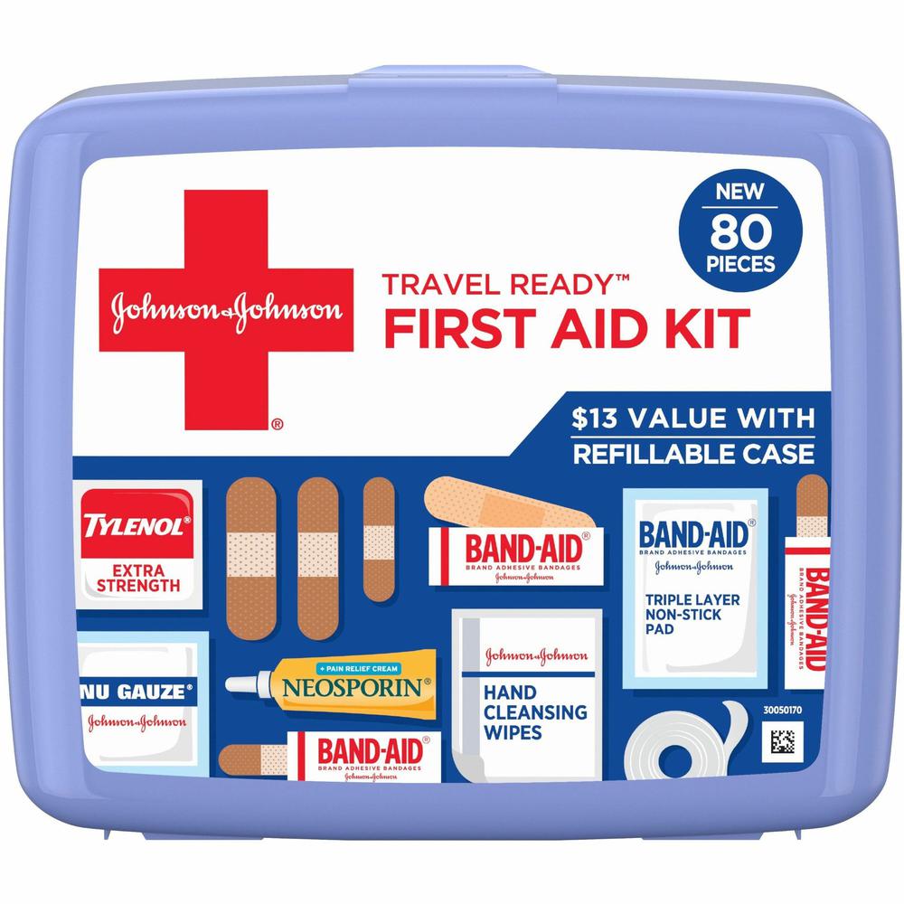 Johnson & Johnson Travel Ready First Aid Kit - 80 x Piece(s) - 5.5" Height x 6.3" Width x 1.7" Depth Length - Plastic Case - 1 Each - Blue. Picture 1