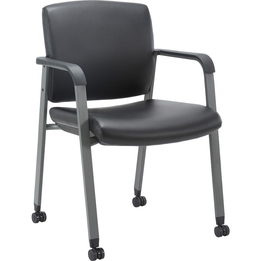 Lorell Healthcare Upholstery Guest Chair with Casters - Vinyl Seat - Vinyl Back - Steel Frame - Square Base - Black - Armrest - 1 Each. Picture 1