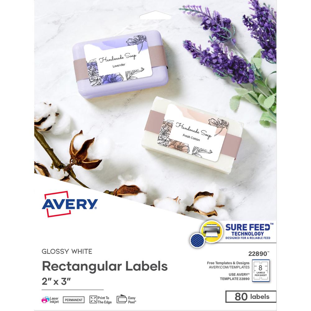 Avery&reg; Glossy White Labels, 2" x 3" , 80 Labels (22890) - 2" Height x 3" Width - Permanent Adhesive - Rectangle - Gloss White - 8 / Sheet - 80 / Pack - Jam-free, Stick & Stay, Smudge Proof, Foldab. Picture 1