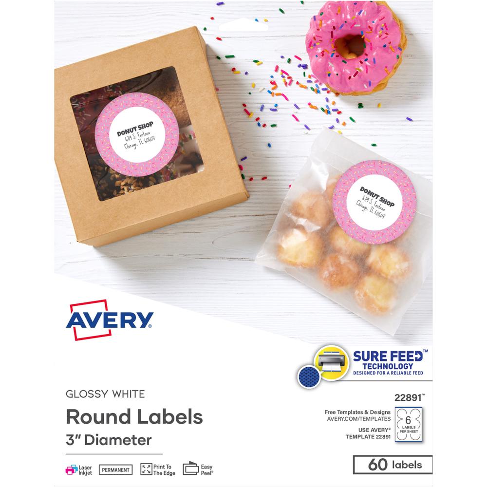 Avery&reg; Glossy White Labels, 3" Round, 60 Labels (22891) - - Height3" Diameter - Permanent Adhesive - Round - Gloss White - 6 / Sheet - 60 / Pack - Jam-free, Stick & Stay, Smudge Proof, Foldable. Picture 1