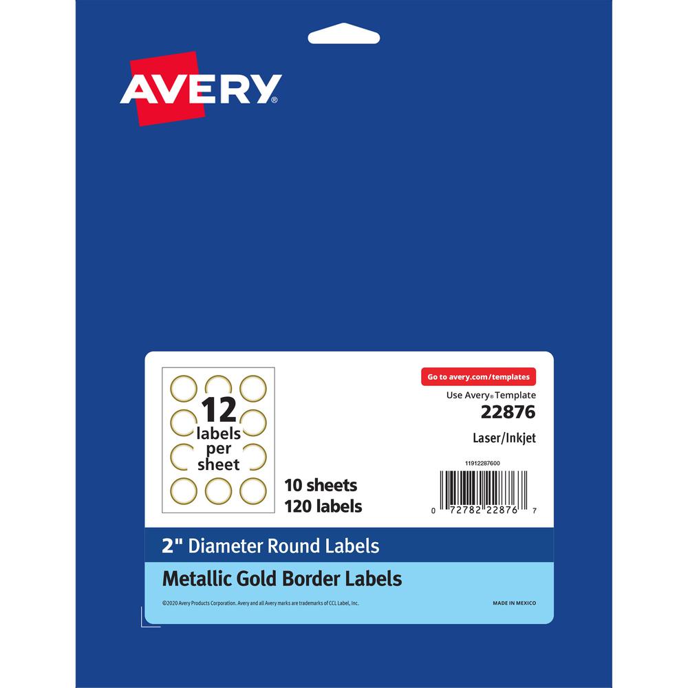 Avery&reg; Easy Peel Round Labels - - Width2" Diameter - Permanent Adhesive - Round - Inkjet, Laser - White, Metallic Gold - Paper - 12 / Sheet - 120 / Pack - Peel-off, Curl Resistant, Stick & Stay, P. Picture 1