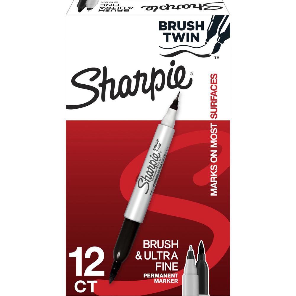 Sharpie Brush Twin Permanent Markers - Fine, Broad, Ultra Fine Marker Point - Black - 12 / Dozen. Picture 1