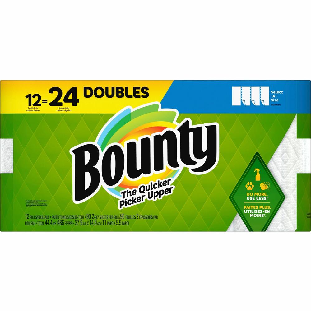 Bounty Select-A-Size Paper Towels - 12 Double Roll = 24 Regular - 2 Ply - 90 Sheets/Roll - White - Perforated, Absorbent, Durable, Thick, Quilted - For Kitchen - 12 / Carton. Picture 1