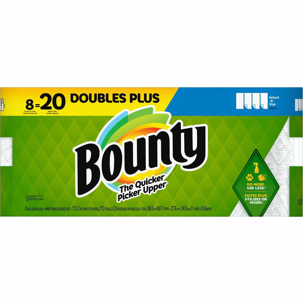 Bounty Select-A-Size Paper Towels - 8 Double Plus Rolls = 20 Regular - 2 Ply - 113 Sheets/Roll - White - Perforated, Absorbent, Durable - For Kitchen - 8 / Pack. Picture 1