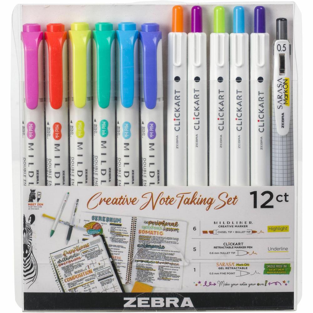 Zebra Creative Note Taking Set - Fine Pen Point - Fine Marker Point - Chisel, Bullet Marker Point Style - Felt Tip - Assorted Gel-based Ink - Retractable - 12 / Pack. Picture 1
