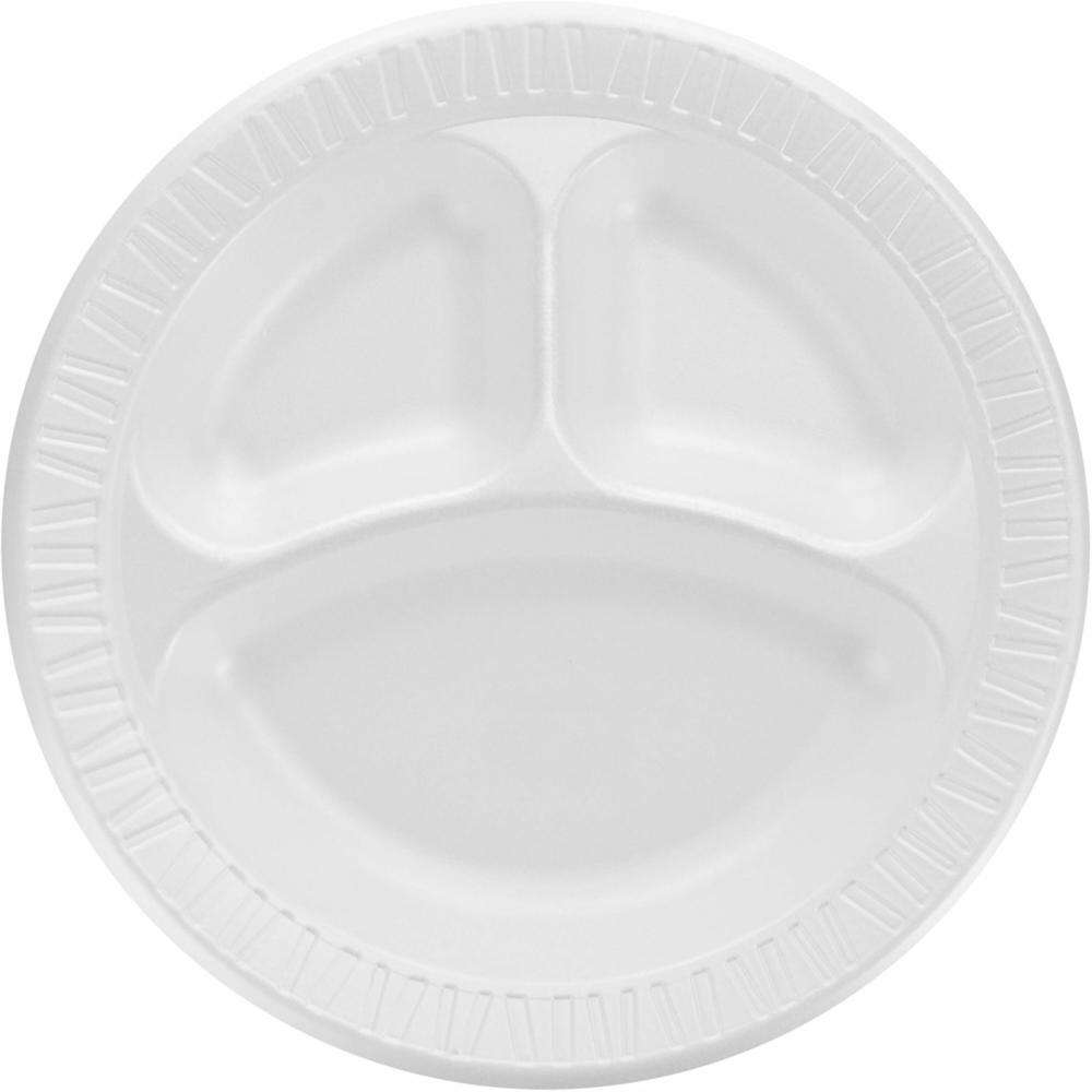 Dart Quiet Classic 10-1/4" Laminated Foam 3-Compartment Plates - 125 / Pack - Breakroom, Serving - White - Foam, Polystyrene Body - 4 / Carton. Picture 1