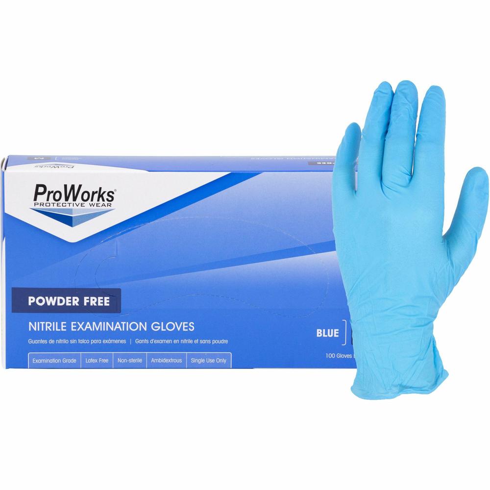 ProWorks Nitrile Powder-Free Exam Gloves - Medium Size - For Right/Left Hand - Nitrile - Blue - Comfortable, Latex-free, Non-sterile - For Industrial, Food Service, Construction, First Responder/Defen. Picture 1