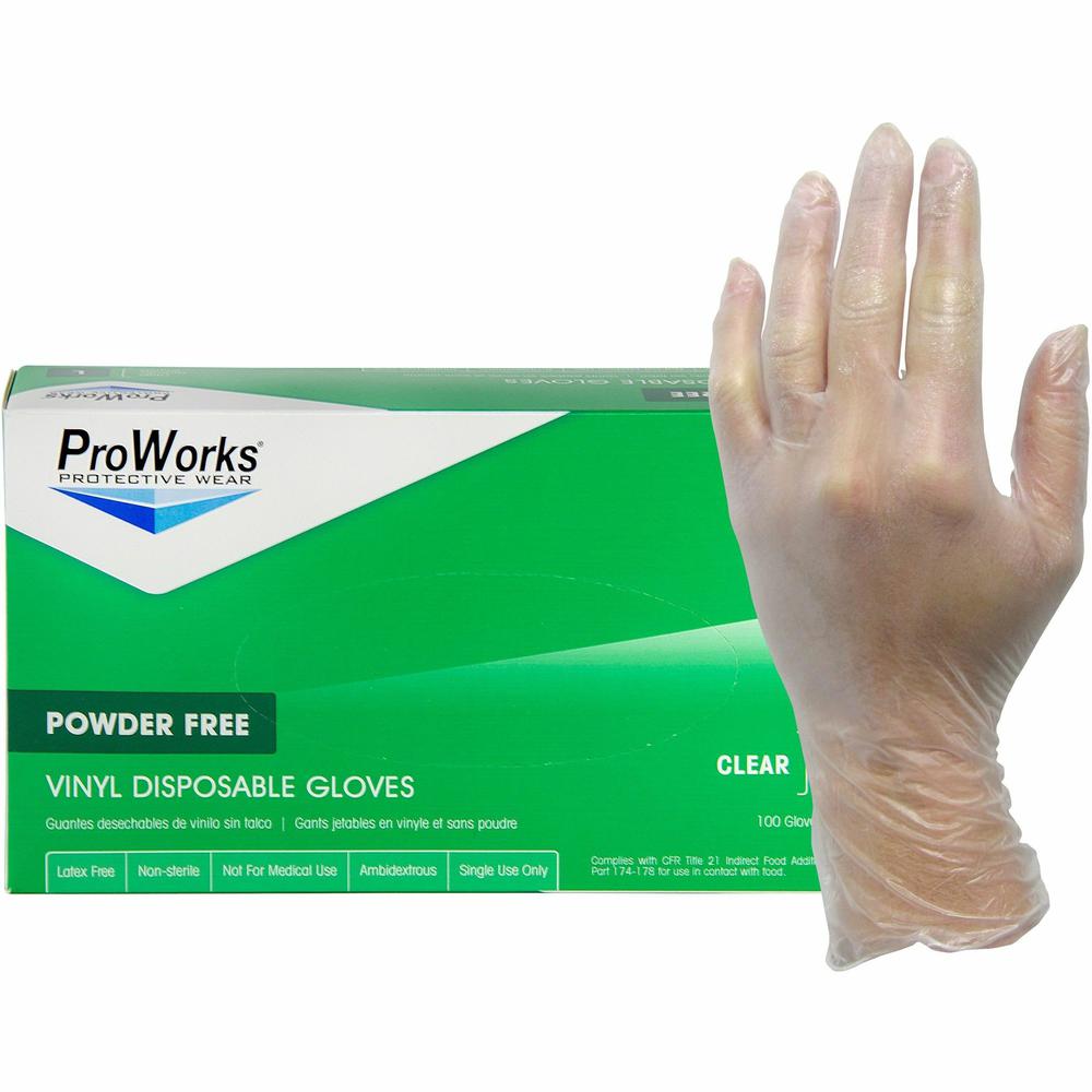 ProWorks Vinyl Powder-Free Industrial Gloves - X-Large Size - Vinyl - Clear - Non-sterile - For Industrial, Food Processing, Construction, Food Service, Hospitality, General Purpose - 100 / Box - 3 mi. Picture 1