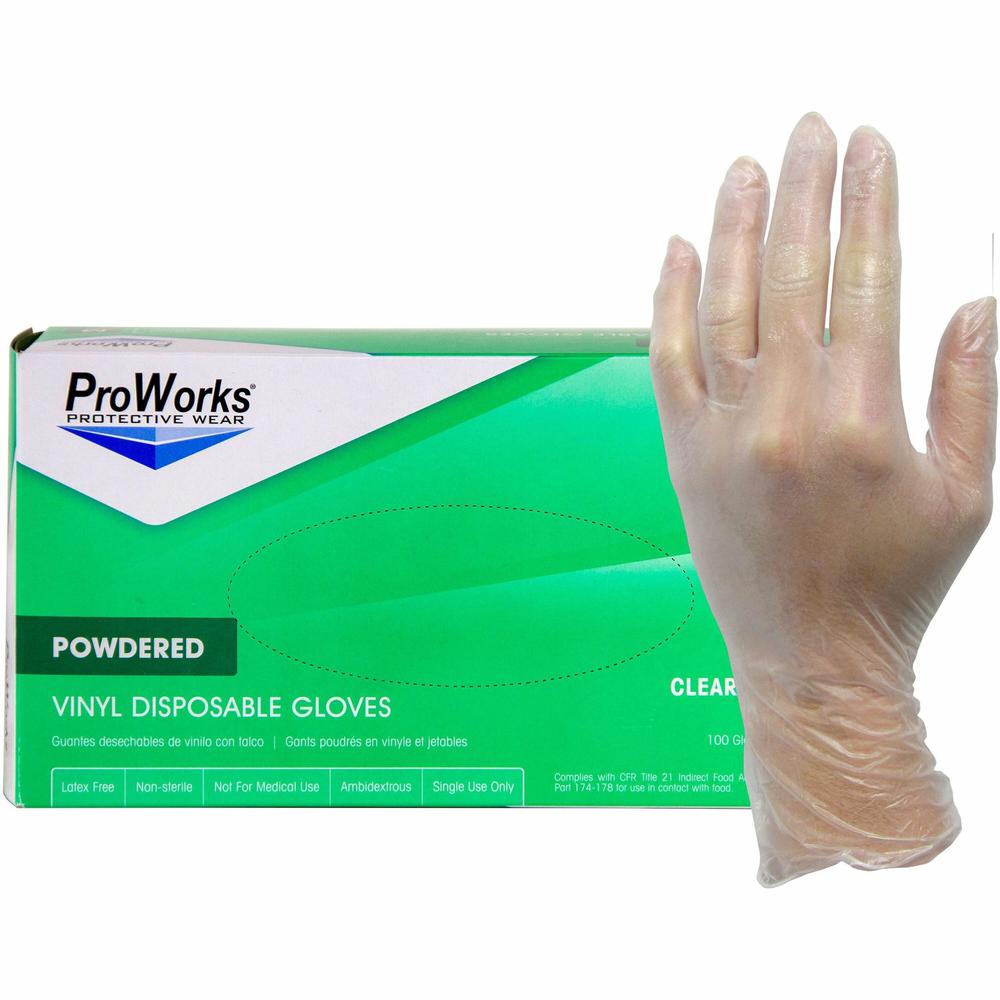 ProWorks Vinyl Powdered Industrial Gloves - Medium Size - Vinyl - Clear - Powdered, Non-sterile - For Industrial, General Purpose, Construction, Food Processing, Food Service, Hospitality - 100 / Box. Picture 1