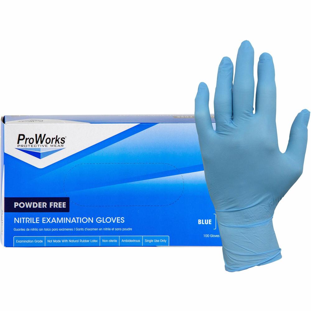 ProWorks NPF Nitrile Powder Free Exam Gloves - Large Size - For Right/Left Hand - Synthetic Nitrile Rubber - Blue - Non-sterile, Latex-free, Odor-free, Puncture Resistant, Tear Resistant, Chemical Res. Picture 1