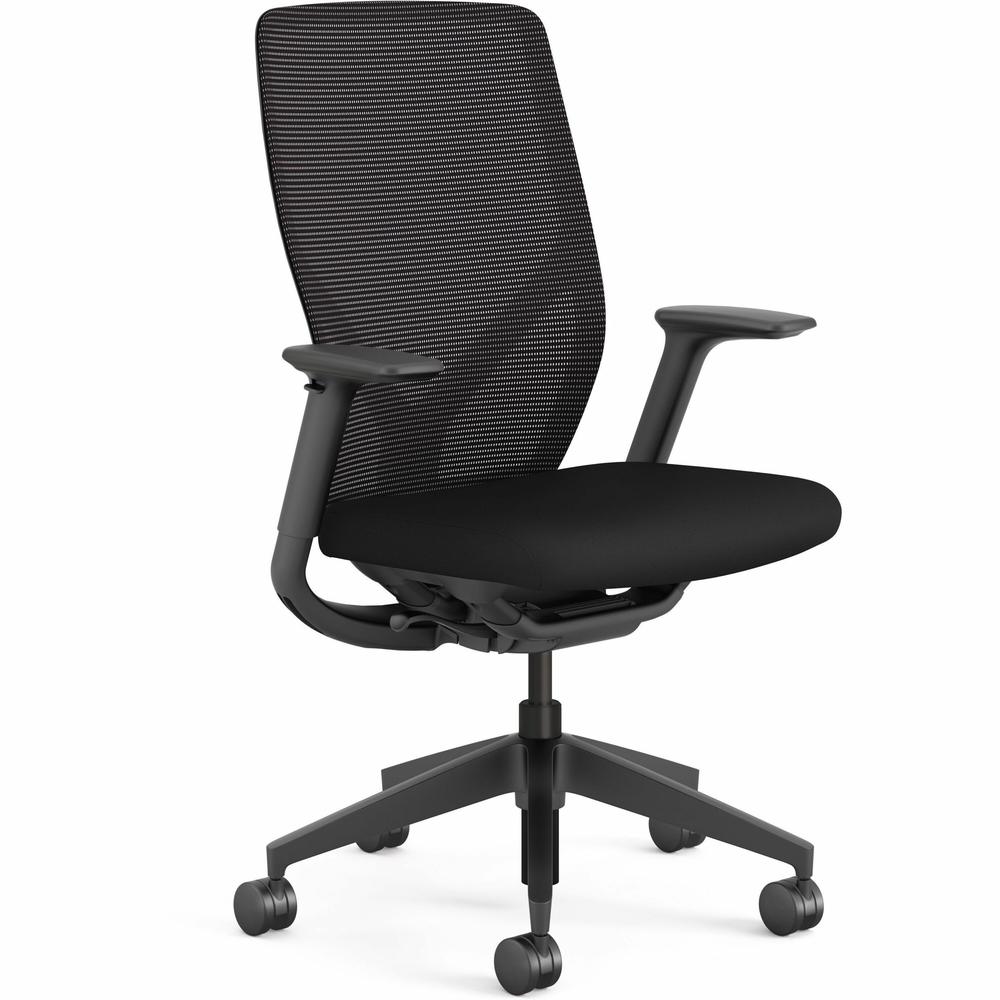 HON Flexion Task Chair - Black Vinyl, Polyurethane Seat - Black Mesh Back - Black Frame - 5-star Base - Armrest - 1 Each. Picture 1