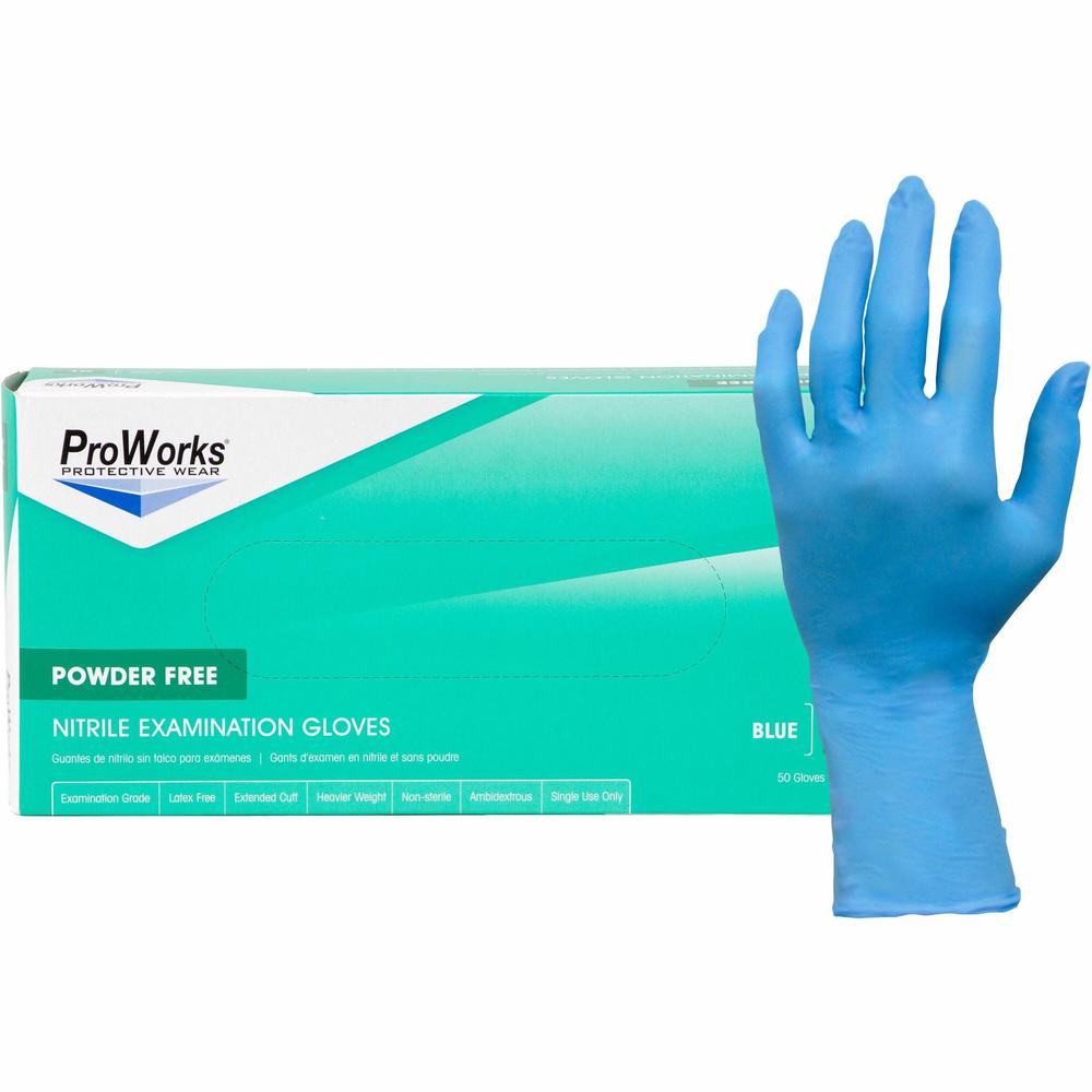 ProWorks Nitrile Powder-Free Exam Gloves - Small Size - For Right/Left Hand - Nitrile - Blue - Non-sterile, Wear Resistant, Tear Resistant, Durable, Latex-free, Heavyweight - For Automotive, Aerospace. Picture 1
