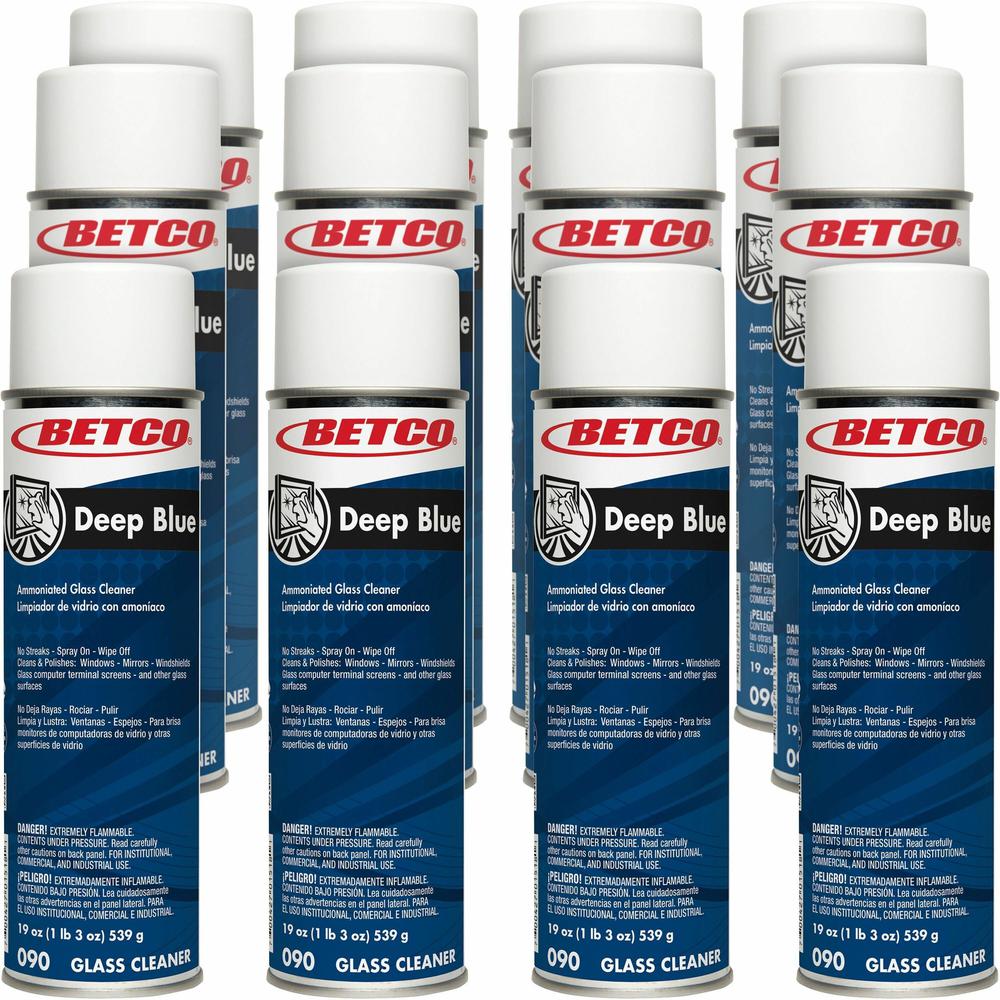 Betco Deep Blue Glass & Surface Cleaner - 19 oz (1.19 lb) - 12 / Carton - Quick Drying, Non-abrasive - White. Picture 1