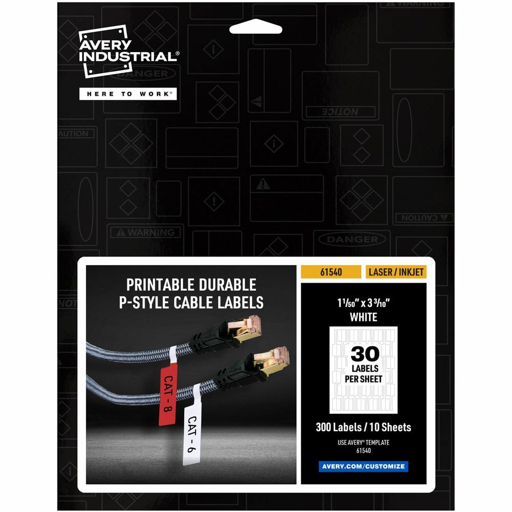 Avery Cable Labels, P-Style, 1.02" x 3.3" , 300 Total (61540) - Waterproof - 1 1/64" Width x 3 19/64" Length - Permanent Adhesive - P-shaped - Laser - White - Film - 30 / Sheet - 10 Total Sheets - 300. Picture 1