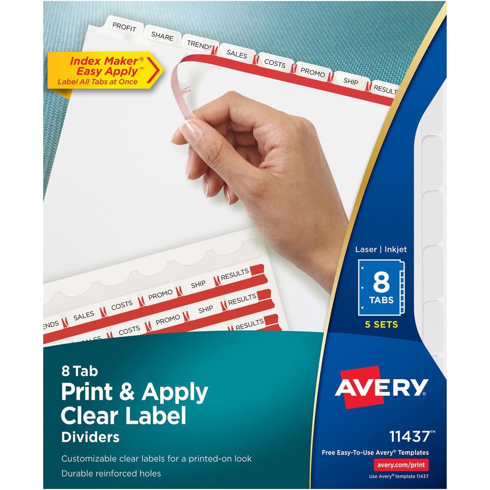 Avery&reg; Print & Apply Clear Label Dividers - Index Maker Easy Apply Label Strip - 40 x Divider(s) - 8 Tab(s)/Set - 8.5" Divider Width x 11" Divider Length - Letter - 3 Hole Punched - Clear Paper Di. Picture 1