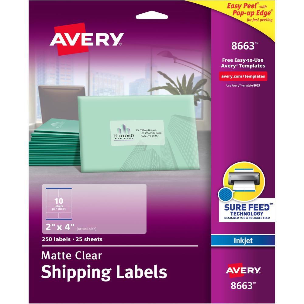 Avery&reg; Easy Peel Inkjet Printer Mailing Labels - 2" Width x 4" Length - Permanent Adhesive - Rectangle - Inkjet - Clear - Film - 10 / Sheet - 25 Total Sheets - 250 Total Label(s) - 5. The main picture.