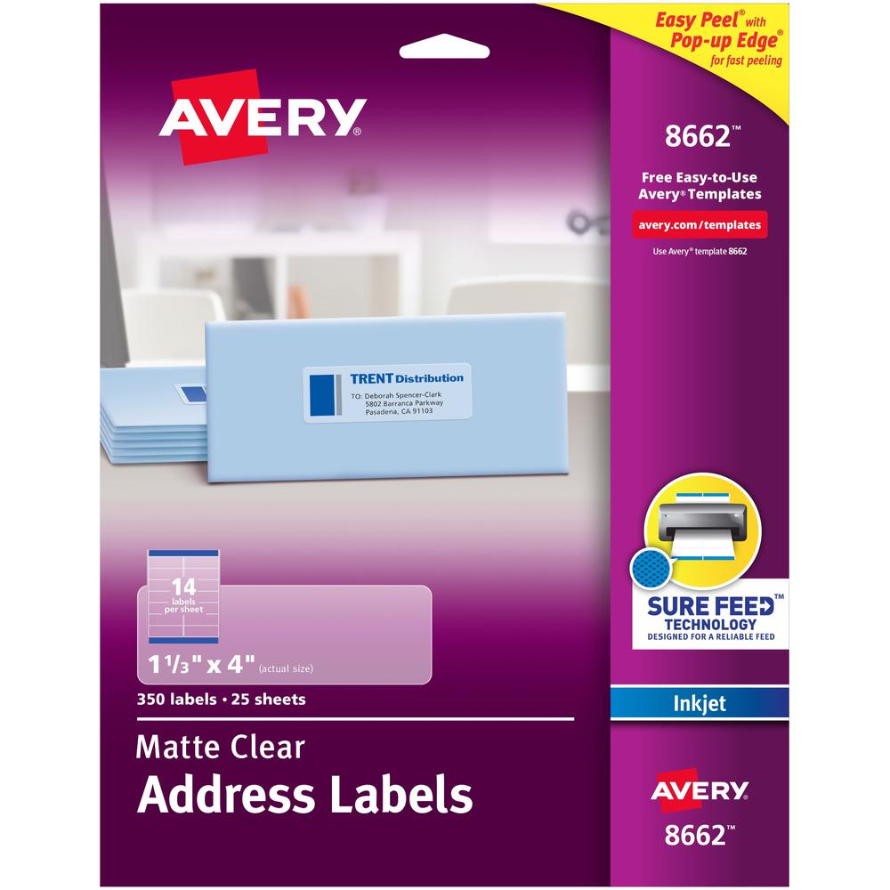 Avery&reg; Easy Peel Inkjet Printer Mailing Labels - 1 21/64" Width x 4" Length - Permanent Adhesive - Rectangle - Inkjet - Clear - Film - 14 / Sheet - 25 Total Sheets - 350 Total Label(s) - 5. Picture 1