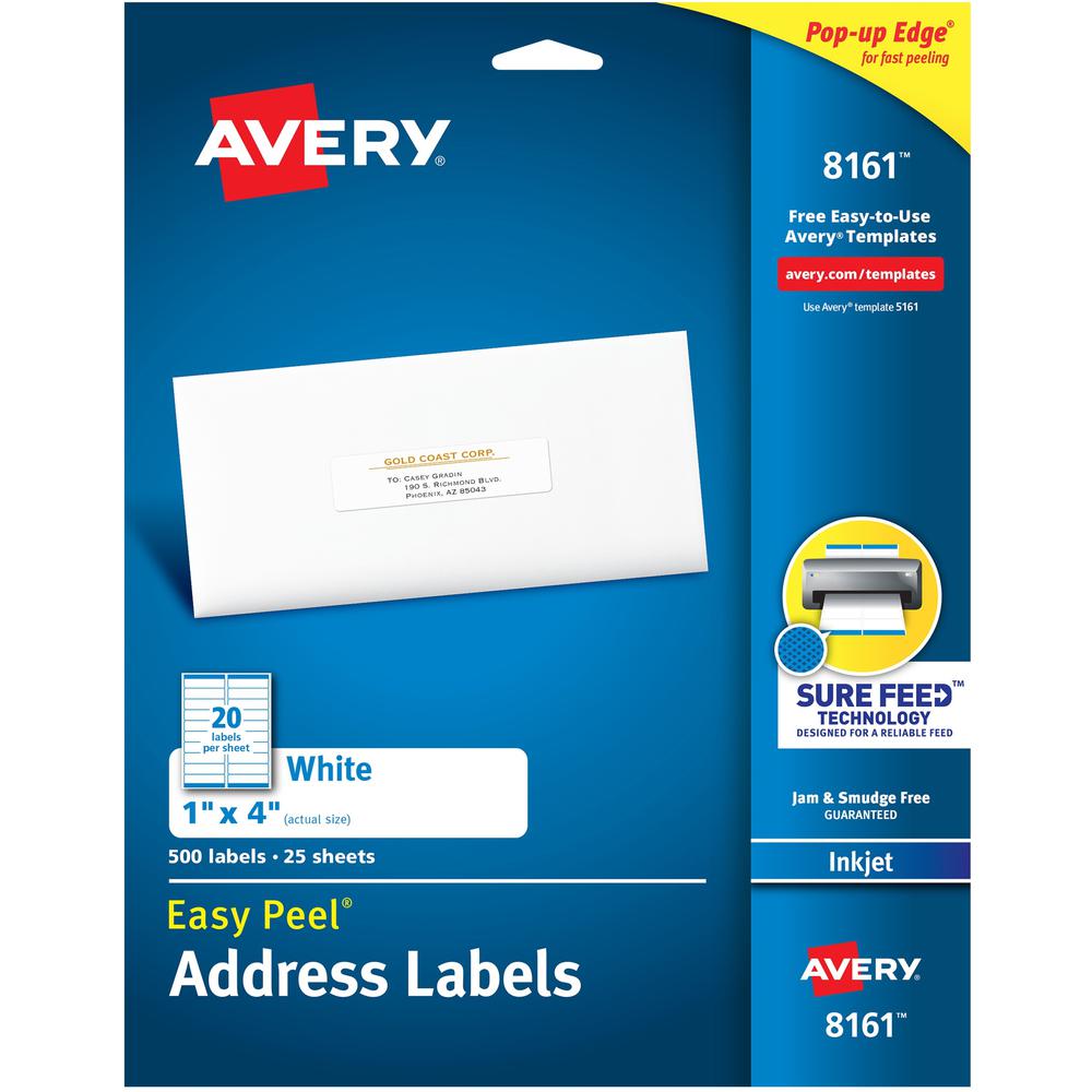 Avery&reg; Easy Peel White Inkjet Mailing Labels - 1" Width x 4" Length - Permanent Adhesive - Rectangle - Inkjet - White - Paper - 20 / Sheet - 25 Total Sheets - 500 Total Label(s) - 500 / Pack. The main picture.